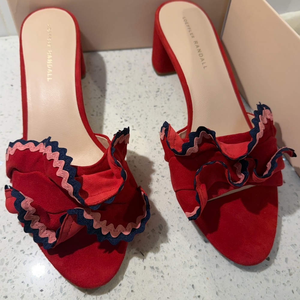 Loeffler Randall Red and Pink Ruffle Mules